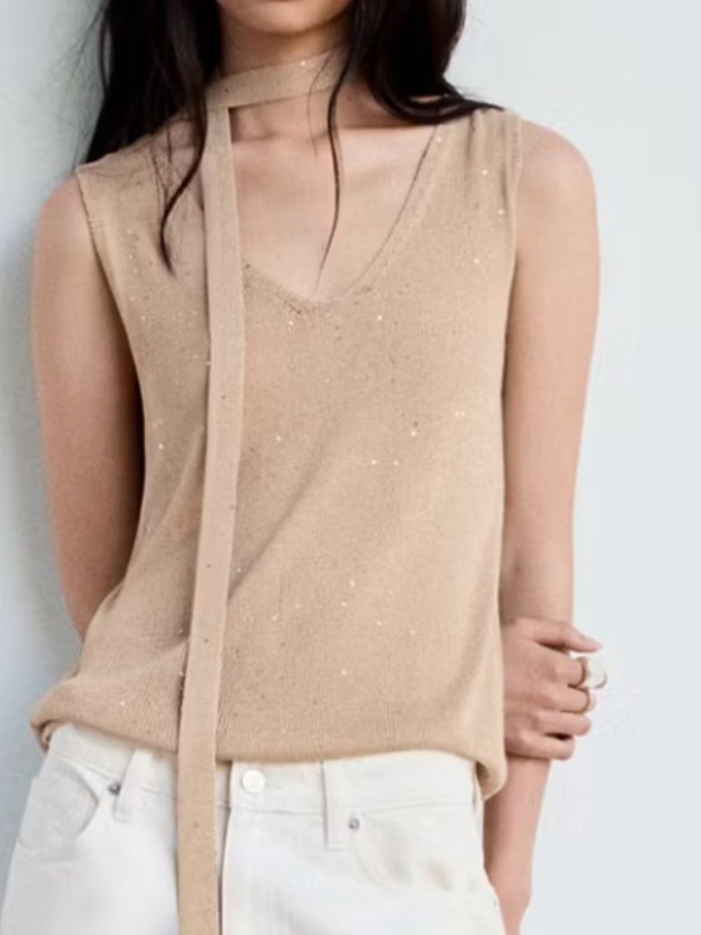 Mango Beige Knit Sleeveless Tank with Neck Tie KNITTED TOP WITH SEQUIN DETAIL